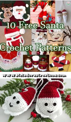 crochet santa hat and booties with text overlay that says 10 free santa crochet patterns