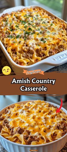 Enjoy a taste of comfort with this Quick Amish Country Casserole. It's a hearty mix of tender pasta, seasoned ground beef, and a creamy sauce, all baked until bubbly and golden. Simple to prepare and utterly satisfying, it's the perfect dish for a cozy family dinner. #AmishRecipes #EasyCasserole #FamilyDinner Ground Beef Supper Ideas Easy Dinners, 1950s Casserole Recipes, Amish Beef Noodles, Egg Noodle Beef Casserole, Amish Country Casserole Ground Beef, Country Casserole Recipes, Creamy Beef Noodle Casserole, Easy Beef Casserole Recipes For Dinner, Ground Beef And Eggs Recipes For Dinner