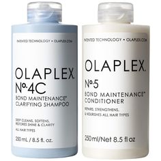 This 2 piece kit contains Olaplex 4C Clarifying Shampoo (8.5 oz) and Olaplex 5 Bond Maintenance Conditioner. OLAPLEXNo.4C Bond Maintenance® Clarifying Shampoo is an advanced clarifying shampoo that removes buildup of damaging impurities from your environment, hair products, and daily life. Restores airy volume & softness, shine, and vibrant color clarity. Olaplex N.5 Conditioner: A highly-moisturizing, reparative conditioner that protects and repairs damaged hair, split ends, and frizz by re-lin Olaplex Hair Products, Hair Care Products For Thick Hair, Oplex Hair Products, Olaplex Products, Hair Split Ends, Olaplex Shampoo, Clarifying Shampoo, Candy Christmas, Damaged Hair Repair