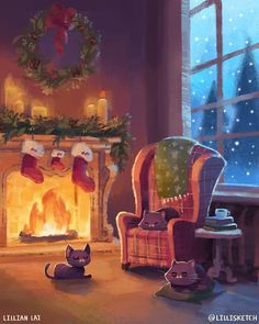 동화 삽화, Christmas Illustrations, Christmas Tale, Winter Illustration, Cozy Ambiance, Christmas Fireplace, Christmas Drawing, Winter Art, Arte Fantasy