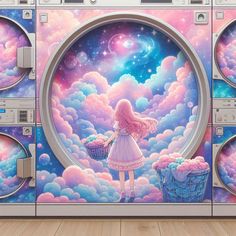 a painting of a girl holding a basket in front of a washing machine