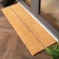 a door mat that says welcome on it next to a potted plant in front of a glass door