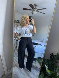 Nike Panda Dunks Outfit Work, Nike Dunk Low Business Casual, Graphic Tee And Wide Leg Pants, Nike Dunks Work Outfit, Womens Nike Dunk Low Outfit, Dunks Business Casual, Wide Leg Pants With Graphic Tee, Graphic Tee Wide Leg Pants, Dress Pants And Sneakers Women