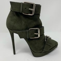 New With Tags, Pointed Toe Ankle Boots With Buckle Adornments And Zippers. Size 39.5 Army Green With Silver Buckles Heel Height: 4.75” Luxury Green Heels With Buckle Closure, Elegant Silver Ankle Boot Heels, Designer Suede Boots For Party, Elegant Green Boots For Party, Designer Suede Heels With Buckle Closure, Designer Boots With Buckle Closure For Party, Designer Party Boots With Buckle Closure, Elegant Green Ankle Boot Heels, Green Heeled Boots