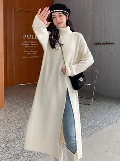 Stylish Long Sleeves Split-Front Solid Color High-Neck Sweater Tops Long Sweater Dress Outfit, Long Sweater Outfits, High Neck Long Dress, Loose Sweater Dress, Tops Stylish, Split Sweater, Big Size Dress, Sweater Dress Casual, Winter Typ