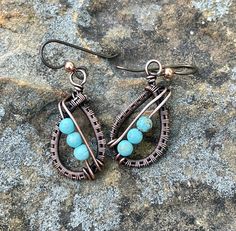 Hypoallergenic Turquoise and Copper Earrings Nickel-free Turquoise Jewelry For Crafting, Unique Hypoallergenic Turquoise Jewelry, Adjustable Turquoise Earrings With Ear Wire, Turquoise Teardrop Jewelry For Crafting, Turquoise Wire Wrapped Copper Earrings, Adjustable Teardrop Turquoise Earrings, Handmade Turquoise Earrings With Copper Wire, Blue Hypoallergenic Copper Earrings, Handmade Adjustable Turquoise Teardrop Earrings