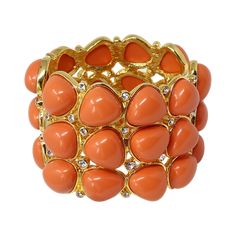 Product Description: This 3 row gold and crystal hinged bracelet featuring coral dots and triangle cabs adds the perfect pop of color to any look.  ﻿Style Number: ﻿1866BCX Hinged Bracelet, Pop Of Color, Kenneth Jay Lane, The Row, Jay, Color Pop, Bangles, Coral, Dots