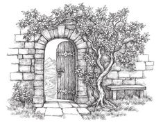 a drawing of an entrance to a stone building with a bench and tree in the foreground