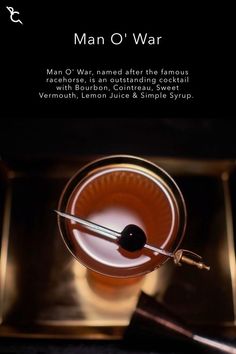 Man O' War, named after the famous racehorse, is an outstanding cocktail with Bourbon, Cointreau, Sweet Vermouth, Lemon Juice & Simple Syrup. Sweet Vermouth Cocktails, Cocktail With Bourbon, Drink Recipies, Craft Cocktail Recipe, Sweet Vermouth, Bourbon Drinks, Mixed Drinks Alcohol, Liquor Drinks, Creative Cocktail