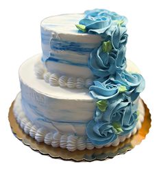 a three tiered cake with blue flowers on top