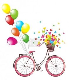 a bicycle with balloons and flowers on the handlebars is parked against a white background