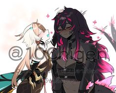 two anime characters standing next to each other with pink hair and black clothes, one is wearing