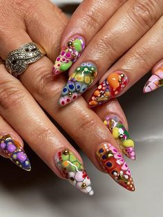 🌈 Vibrant Artistic Bloom Press-On Nails 🎨✨ Transform your nails into a canvas of creativity with our handcrafted Artistic Bloom Press-On Nails. Bursting with bold colors and intricate details, these nails are perfect for expressing your individuality and love for artistic flair. 🌟 Key Features & Highlights: 🌟 🌸 Exquisite Multicolor Floral Design: Each nail is a masterpiece, meticulously hand-painted with vibrant floral and abstract patterns that make a bold statement. 🌺🎨 💎 Luxurious 3D Accents: Adorned with sparkling gemstones and textured details, these nails bring a touch of elegance and uniqueness to your style. 💎✨ 🎨 Bold, Colorful Palette: Featuring a combination of vivid colors and artistic patterns, these nails are perfect for those who love to stand out. 🌈🎉 ⏱️ Easy Appli Funky Colorful Nails, Crochet Nails, Acrylic Nails Summer, Nails Colorful, Colorful Nail Art, Vibrant Nails, Nails Summer, Unique Nails