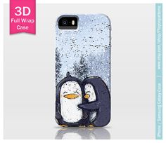 an iphone case with two penguins in the snow, one is holding another penguin's head