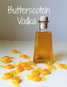 an image of a bottle with some food on it and the words butterscotch vodka