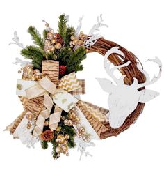 a christmas wreath with deer head, pine cones and bows on the front of it