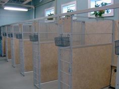 several cages are lined up in the middle of a room with plants growing out of them