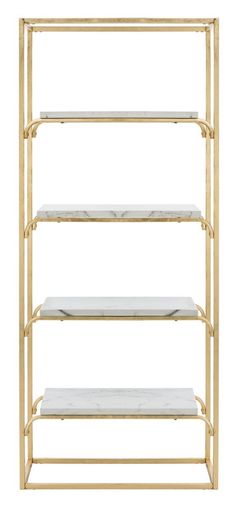 three shelves with marble top and gold metal frame, one shelf has two shelves on each side