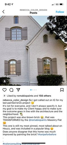 a white house with two windows and shutters on the front, and an instagram post about it