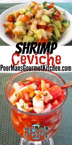 shrimp ceviche with tomatoes and cucumbers in a glass dish on a table