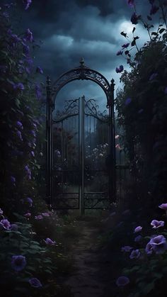 an iron gate surrounded by purple flowers under a dark sky