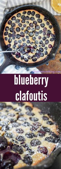 blueberry clafoutis in a cast iron skillet with orange slices on the side