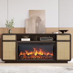 an entertainment center with a fireplace in the middle