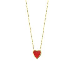 A bold splash of poppy red contained within soft curves and a sharp point, this classic charm necklace is equal parts sweet and sass–just like you. Wear with our Red Heart Anklet and One Love Red Heart Studs for a complete look or mix and match to give your ensemble some extra love. 14k gold plated sterling silver 16-18" Adjustable