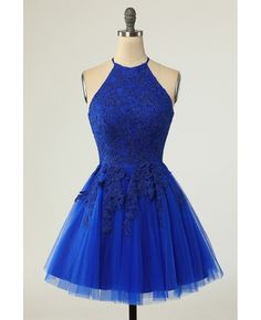 Best 11% off now! Buy blue short halter lace tulle homecoming dress at wholesale price online. Free shipping and pro custom service since 2009. Royal Blue Homecoming Dress, Prom Dress Short Lace, Online Wedding Dress Shopping, Mini Homecoming Dress, 2023 Homecoming, Short Graduation Dresses, Cute Homecoming Dresses, 2025 Wedding, Mini Homecoming Dresses