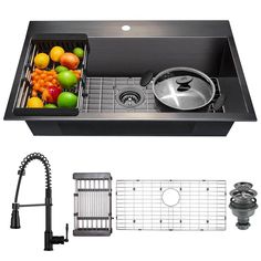 an image of a kitchen sink with stainless steel faucet and strainer basket