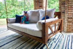 Avery Wood Porch Swing Bed Daybed, Twin or Crib Size by James and James – James+James Daybed Outdoor, Bed Swings, Hanging Daybed, Diy Porch Swing, Wood Porch, Sofa Daybed, Porch Swing Bed, Swing Bed, Wooden Swing