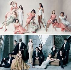 two photos, one with women and men in formal wear the other has an image of people posing for pictures