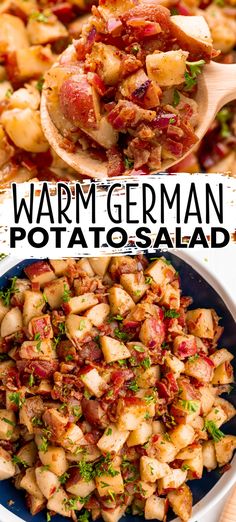 two pictures with different types of potatoes in them and the words warm german potato salad