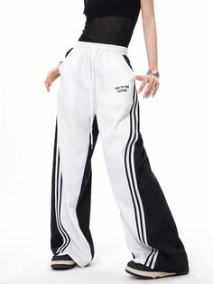 Women's Streetwear Athleisure Back To School Sportswear Casual Color-Blocked Banded Texture Decoration Lace Up Pant Black and White Casual   Polyester Colorblock,Letter,Striped Wide Leg Non-Stretch  Women Clothing, size features are:Bust: ,Length: ,Sleeve Length: Sportswear Moodboard, Sport Pants Women, Streetwear Futuristic, Streetwear Athleisure, White Pants Casual, Fashion Sportswear, Women Sportswear, Black And White Pants, Sports Pants Women