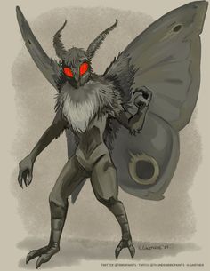 a drawing of a creature with red eyes and wings on it's head, holding a