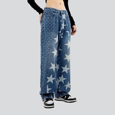 Go back to the days of Y2K modern with our 2023 Autumn Star & Ornament Print Slouchy Jeans a vibrant tribute to the millennium's legendary style!Why You'll Fall In Love: Y2K Vibe: Get ready to immerse yourself in the iconic Y2K vogue scene with these baggy jeans. a symbol of youthful exuberance and chic sophistication. High-Waisted Fit: The high-waisted fit ensures a perfect fit. ensuring you look confident and stylish all day long. Painted Prints: Intricately painted prints add a touch of artis Trendy Denim Pants With Star Print, Denim Blue Jeans With Star Print For Streetwear, Streetwear Wide Leg Bottoms With Star Print, Star Print Denim Jeans For Streetwear, Star Print Wide Leg Bottoms For Streetwear, Wide Leg Bottoms With Star Print For Streetwear, Wide Leg Star Print Bottoms For Streetwear, Baggy Denim Jeans With Graphic Print, Baggy Graphic Print Denim Jeans