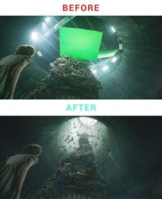 the before and after shots of a green screen in a dark tunnel