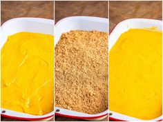 three pictures showing how to make a cake batter in a baking dish