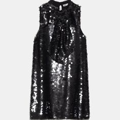 Zara Sequin Dress With Front Bow. Its Very Comfy And Pretty. Perfect For A Night Out. Its Not As Short On Normal Height Person As Model Is Approx 5’10. Size Listed Is Xs/S But Its More S Chic Black Sequin Holiday Dress, Chic Black Sequin Dress For Holidays, Sleeveless Sequined Mini Dress For Fall, Sequin Sleeveless Mini Dress For Fall, Fall Sleeveless Sequin Mini Dress, Fall Season Sleeveless Sequin Mini Dress, Chic Black Sequin Dress, Sleeveless Ruffled Dress For Holiday Party, Black Sleeveless Sequin Dress For Spring