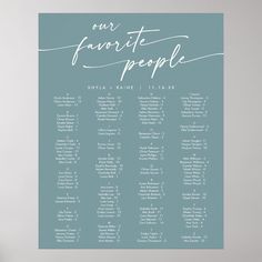 a blue and white wedding seating chart with the names of guests in cursive writing