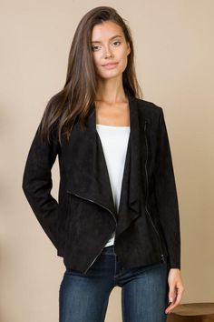 A perfectly effortless and wearable jacket with asymmetric drape and zipper closure. Lightweight enough for every day wear and comfort and stylish enough to dress up or down. Runs true to size and fits neatly. Asymmetrical Zip Outerwear For Work, Asymmetrical Zip Outerwear With Side Zipper For Work, Fall Outerwear With Asymmetrical Side Zipper, Chic Winter Outerwear With Side Zipper, Chic Biker Jacket With Asymmetrical Zip And Side Zipper, Chic Biker Jacket With Asymmetrical Zip, Fitted Outerwear With Asymmetrical Zip For Night Out, Fitted Asymmetrical Zip Outerwear For Night Out, Chic Spring Biker Jacket With Side Zipper