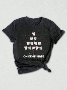 Get into the festive spirit with our Christmas Tooth Dentist Tree Shirt! This unique and quirky Santa Claus Dental Gift is the perfect present for any dental enthusiast or tooth fairy lover. It's ideal for dental assistants or anyone in the dental field who wants to show off their love for teeth and spread some holiday cheer. Get ready for smiles and laughter with this Dental Assistant Gift that is sure to be a hit during the holiday season!Christmas Tooth Dentist Tree Shirt, Santa Claus Dental Gift, Tooth Fairy Gift, Funny Tooth T-Shirt, Dental Assistant Gift Dark Grey Casual  Short Sleeve  Animal,Cartoon,Christmas,Colorblock,Figure,Geometric,Graphic,Letter,Striped,Plants,Textured Pattern    Women Clothing, size features are:Bust: ,Length: ,Sleeve Length: Tooth Fairy Gifts, Dental Assistant Gifts, Teeth Dentist, Dental Gifts, Cartoon Christmas, Animal Cartoon, Geometric Graphic, Tree Shirt, Dental Assistant