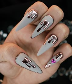 Matte Grey-rose Gold Bleeding/dripping Heart Press on - Etsy Grey Gel X Nails, Drip Heart Nails, Forbidden Kingdom Nails, Edgy Valentines Nails Coffin, Dripping Heart Nails, Simple Unique Nail Designs, Goth Chrome Nails, Gray Valentines Day Nails, Nails Matte Design