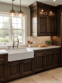 a large kitchen with wooden cabinets and white counter tops, along with a double sink