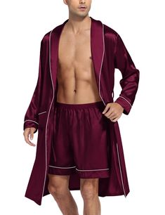 PRICES MAY VARY. Premium Fabric: Mens silk satin robe sets are made of 95% Polyester, 5% Spandex high-quality imitation silk fabric, which is lightweight, soft, breathable, smooth and skin-friendly Classic Design: Classical kimono shawl collar bathrobe with shorts set included a knee-length, shawl collar long sleeve robe with two front pockets, ideal for you to take small objects like cellphones and key rings; adjustable/removable belt and inside ties to meet your needs; a pair of shorts with so Mens Night Wear, Silky Robe, Long Sleeve Kimono, Lounge Robes, Satin Material, Shorts Set, Shawl Collar, Silk Satin, Silk Fabric