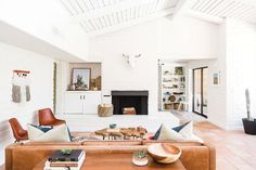 a living room filled with furniture and a fire place in the middle of a room