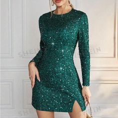 This Dress Is Brand New And Has Never Been Worn. The Green Is Like The Site Photo, The Green Looks A Lot Darker In The Photos I Took. Velvet Cami Dress, Bishop Sleeve Dress, Green Sequin Dress, Yellow Mini Dress, Bodycon Sweater Dress, Asymmetrical Hem Dress, Dresses Green, Strapless Floral Dress, Fitted Mini Dress