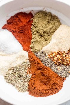 various spices in a white bowl on a table