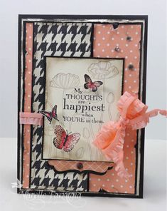 a card with an orange bow and some black and white designs on it, that says my thought is happiest you're