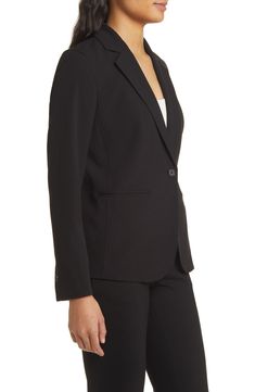 Princess seams and a solitary button keep this jacket looking polished and professional for your 9-to-5 agenda. 24 1/2" length One-button closure One-button cuffs Front welt pockets Lined 63% polyester, 33% viscose, 4% elastane Dry clean Point of View Solid Color Blazer With Button Closure For Business Casual, Sleek Single-breasted Career Suits, Sleek Single Breasted Career Suits, Solid Suits With Button Closure For Office, Solid Single-breasted Career Blazer, Solid Single Breasted Blazer For Career, Tailored Button-up Blazer For Career, Solid Single Breasted Suit For Career, Professional Single Breasted Suit For Career